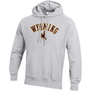 reverse weave material, light grey hooded sweatshirt. pocket on front, and word Wyoming with bucking horse below printed in brown with gold outline on front