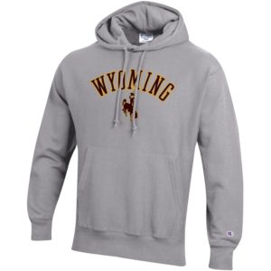 reverse weave material, dark grey hooded sweatshirt. pocket on front, and word Wyoming with bucking horse below printed in brown with gold outline on front