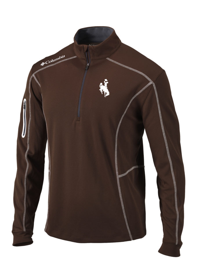 brown, Columbia brand 1/4 zip jacket. White trim on jacket with white bucking horse embroidered on left chest