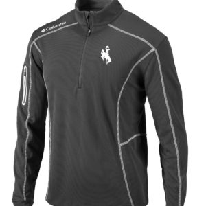 dark grey, Columbia brand 1/4 zip jacket. White trim on jacket with white bucking horse embroidered on left chest