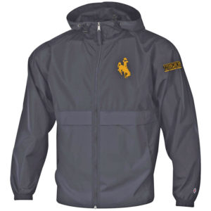 dark grey lightweight full zip jacket. hood and front pockets. Gold bucking horse printed on left chest. Word Wyoming printed small across left arm