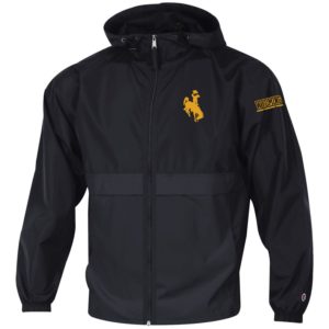 black, lightweight full zip jacket. hood and front pockets. Gold bucking horse printed on left chest. Word Wyoming printed small across left arm