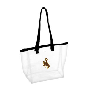 clear stadium bag with black trim. brown bucking horse with gold outline on front of bag