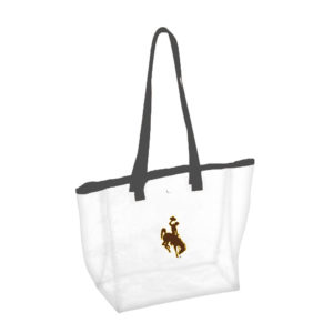 clear stadium bag with charcoal grey trim. brown bucking horse with gold outline on front of bag