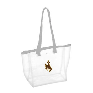 clear stadium bag with grey trim. brown bucking horse with gold outline on front of bag