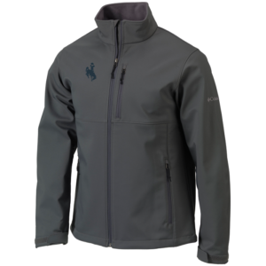 dark grey, Columbia brand, soft shell full zip jacket. two front pockets. dark grey bucking horse embroidered on left chest