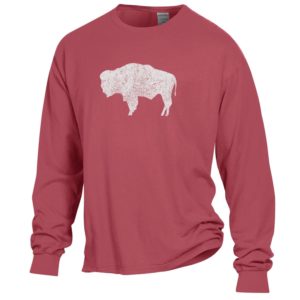 red long sleeve tee. soft, washed feel fabric. Large, white distressed buffalo printed on front center of tee