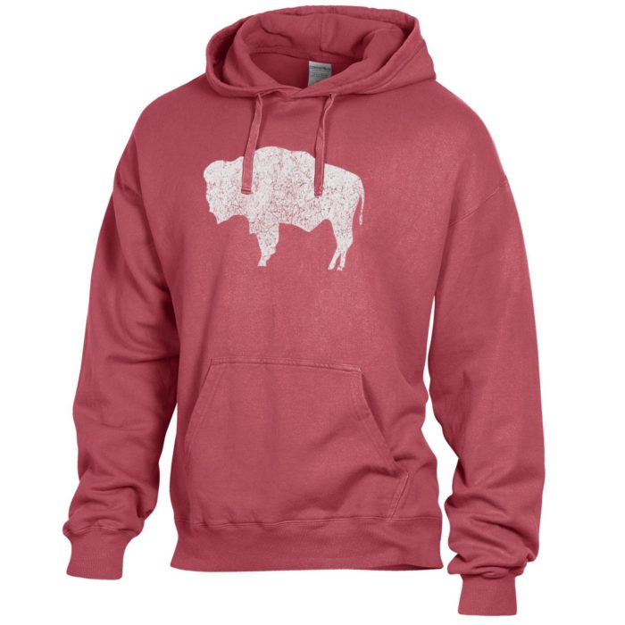 red hooded sweatshirt. soft, washed feel fabric. Large, white distressed buffalo printed on front center of tee