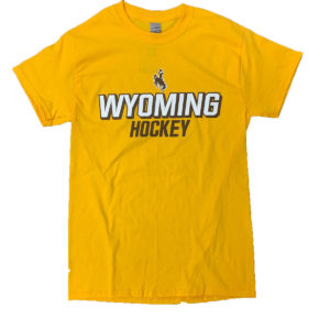 gold, unisex short sleeved tee. Word Wyoming printed in white with word Hockey printed in brown below.