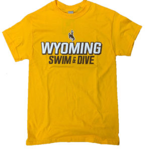 gold, unisex short sleeved tee. Word Wyoming printed in white with words Swim and Dive printed in brown below.