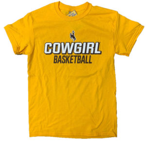 gold, unisex short sleeved tee. Word Cowgirl printed in white with word Basketball printed in brown below.