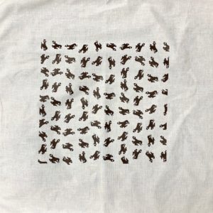 white fabric, bandana. small brown bucking horses repeated all over the front of bandana