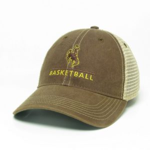 adjustable, unstructured hat with brown body and bill, cream mesh back. bucking horse with word Basketball embroidered in brown and gold on front