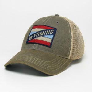 washed tan adjustable, unstructured hat with tan mesh back. Fabric striped patch in red and blue with word Wyoming on front