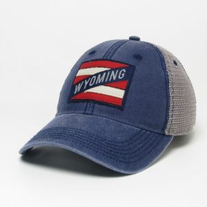 washed blue adjustable, unstructured hat with grey mesh back. Fabric striped patch in red and white with word Wyoming on front