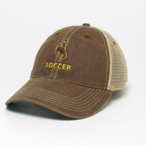 adjustable, unstructured hat with brown body and bill, cream mesh back. bucking horse with word Soccer embroidered in brown and gold on front