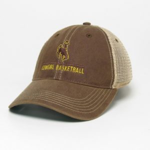 adjustable, unstructured hat with brown body and bill, cream mesh back. bucking horse with slogan Cowgirl Basketball embroidered in brown and gold on front