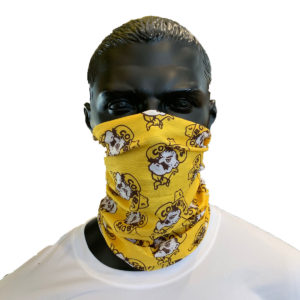 gold, multi use gaitor style face covering. repeated Pistol Pete logo printed all over