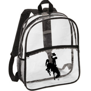clear plastic backpack with black trim, and black handles. black bucking horse printed on front pocket