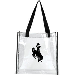 clear plastic tote with black trim, and black handles. black bucking horse printed on front