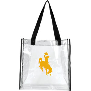 clear plastic tote with black trim, and black handles. gold bucking horse printed on front