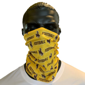 gold, multi use gaitor style face covering. repeated word Football with bucking horse logo printed all over in brown