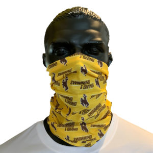 gold, multi use gaitor style face covering. repeated slogan Swimming and Diving with bucking horse logo printed all over in brown