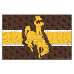 150 PC Puzzle, brown and gold wide stripes with gold bucking horse in the center