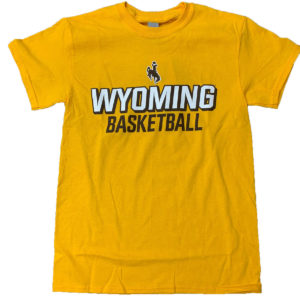 gold, unisex short sleeved tee. Word Wyoming printed in white with word Basketball printed in brown below.