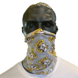 grey, multi use gaitor style face covering. repeated Pistol Pete logo printed all over