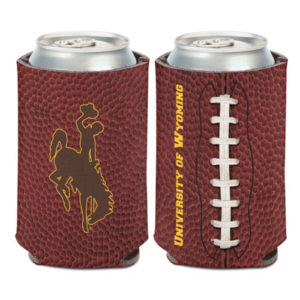 football printed, neoprene can cooler. brown bucking horse with gold outline printed on one side with University of Wyoming slogan printed on other