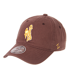 brown, unstructured adjustable hat. women's fit. raised, gold sparkly bucking horse embroidered on front center. Z logo embroidered in gold on left side of hat