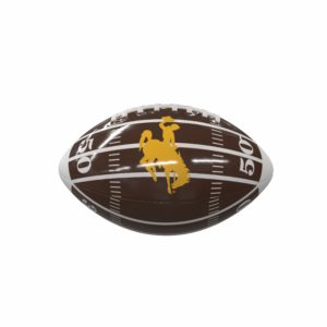 brown mini football. yard line markers and gold bucking horse logo printed on football