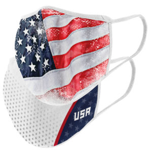 2 pack of fabric face masks. USA designs with American flag prints on front of masks
