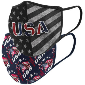 black, fabric face masks. USA and American flag themed design printed on front of masks