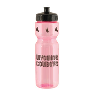 pink, plastic sport bottle with pull top. Words Wyoming Cowboys and bucking horse logo printed in brown on water bottle