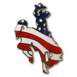 USA flag shaped bucking horse lapel pin