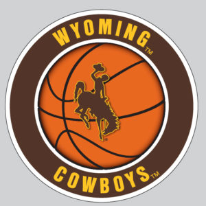 circular, vinyl Wyoming Basketball decal. orange basketball with bucking horse in the center