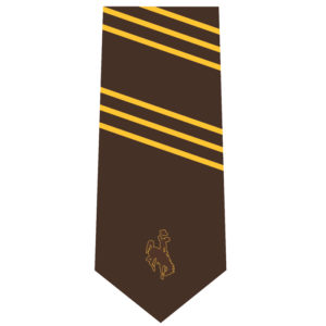 men's dress tie. brown with diagonal gold stripes, and brown bucking horse outlined in gold at bottom of tie