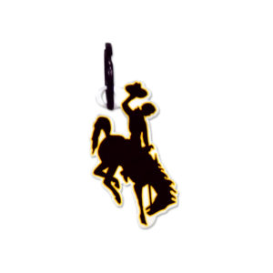 metal, brown bucking horse shaped key ring with gold and white outline. includes round metal key ring.