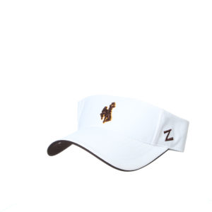 white, sport visor. Brown embroidered bucking horse with gold outline on front center of visor