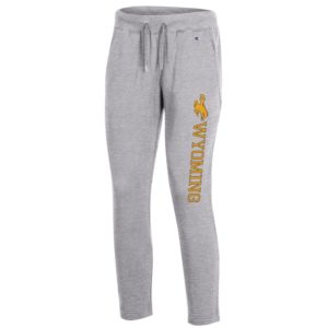 women's grey fleece sweatpants. open hem bottom, word Wyoming printed vertically down left leg in gold