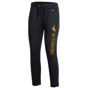 women's black fleece sweatpants. open hem bottom, word Wyoming printed vertically down left leg in gold
