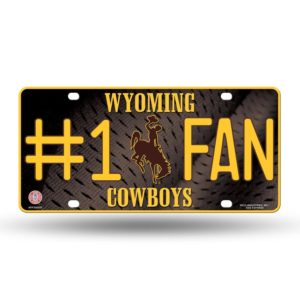 metal license plate cover. Slogan #1 fan and Wyoming Cowboys printed on the front of cover in gold