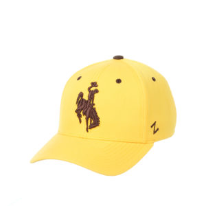 gold, structured, adjustable hat. Brown bucking horse embroidered on front center. brown eyelets and Z logo on side of hat