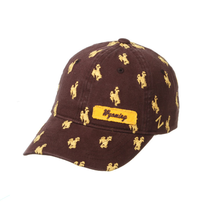 unstructured, adjustable brown hat. small gold bucking horses printed all over. Small fabric patch with word Wyoming printed on it, on left front of hat