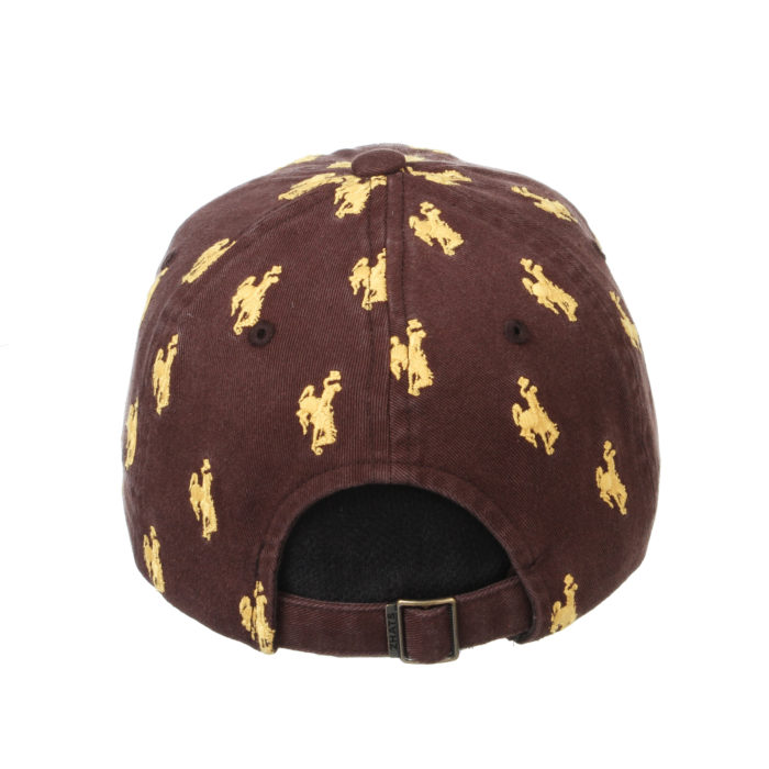 back view of brown adjustable hat. metal, adjustable loop closure