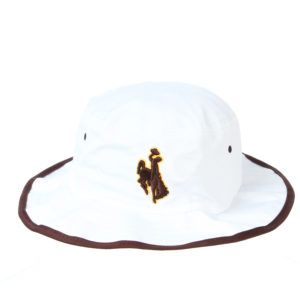 white bucket hat, design is brown embroidered bucking horse outlined in gold, brown brim, two brown eyelets on each side