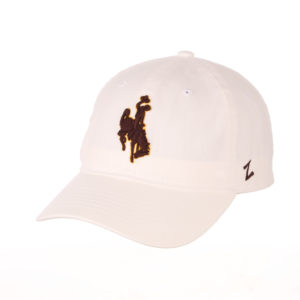 white adjustable, unstructured hat. Brown embroidered bucking horse outline in gold on front center of hat