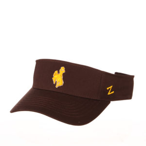 brown adjustable visor. gold bucking horse embroidered on the front. Z logo embroidered on left side of visor